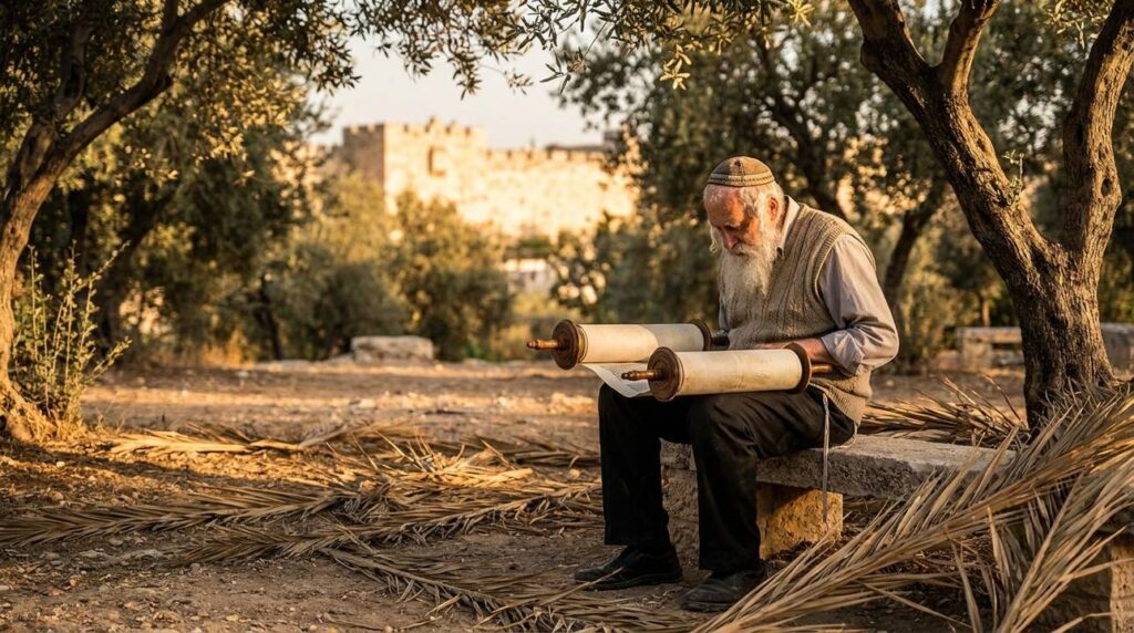 Elderly Jewish man reading Torah in olive grove, Jerusalem backdrop.