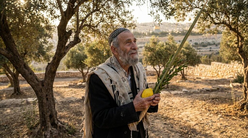 Elderly Jewish man performing Sukkot ritual in an olive grove.
