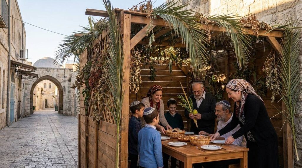 Family in traditional attire prepares meal in sukkah, Jerusalem.