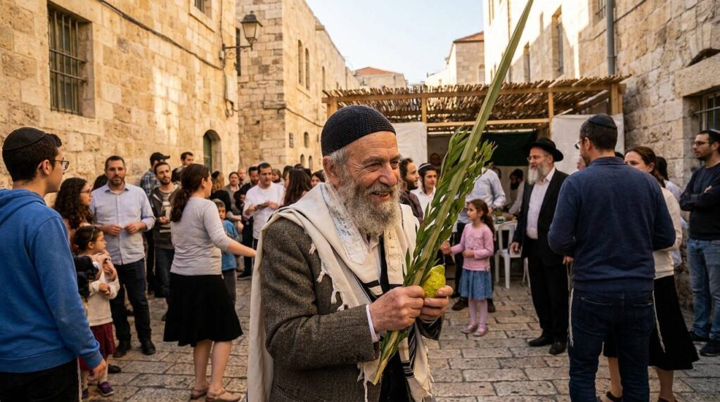 Elderly Jewish man holding lulav, surrounded by community in Jerusalem.