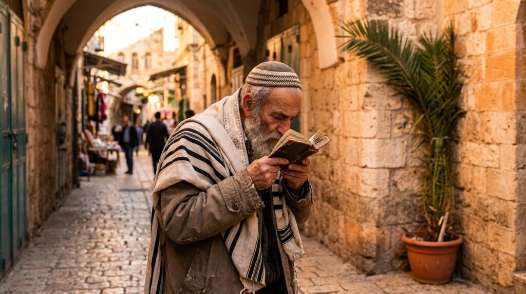 Elderly Jewish man reading a prayer book in a Jerusalem alley.