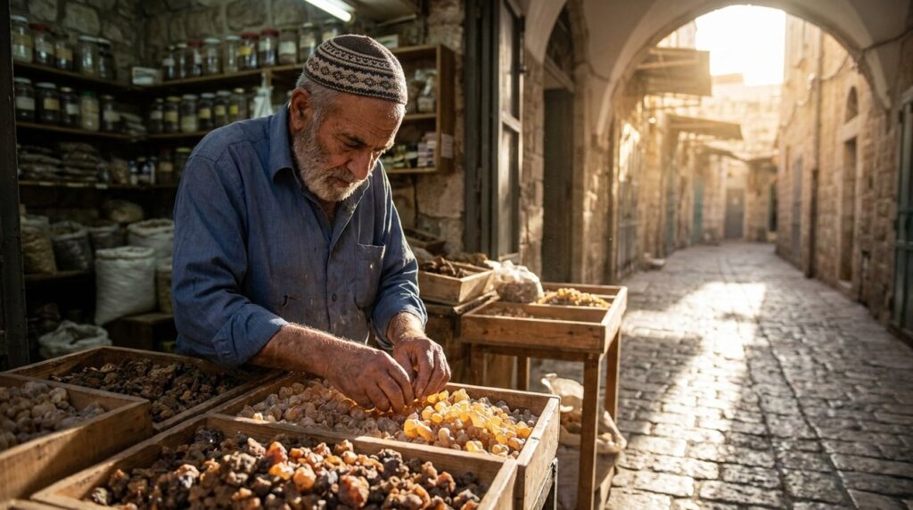 Elderly Jewish man arranging frankincense in a Jerusalem shop.