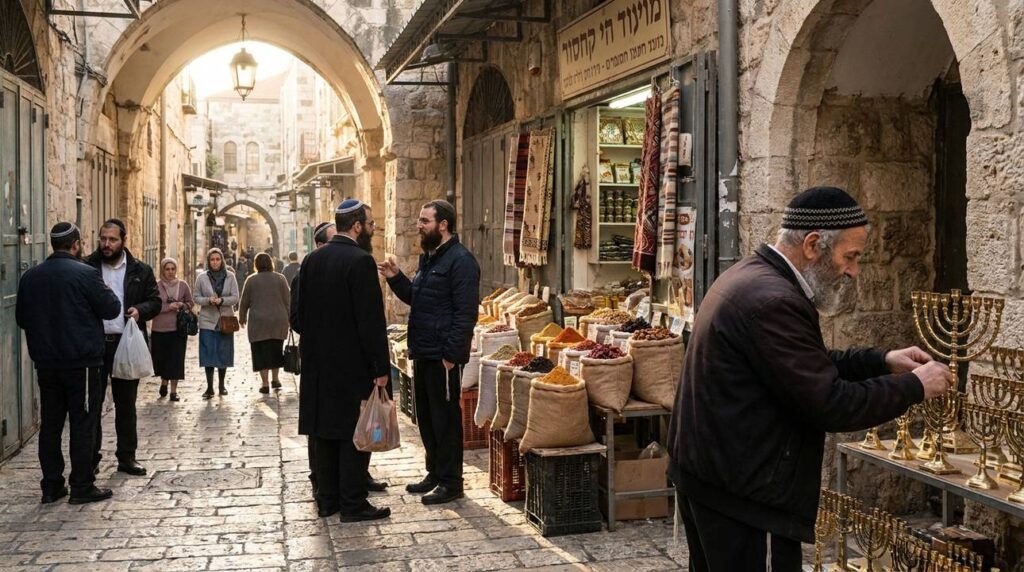 Early morning in Jerusalem, stone streets with market and kipas.