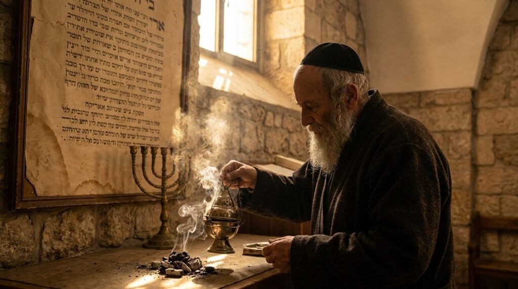 Elderly Jewish man burning frankincense in a dimly lit synagogue.