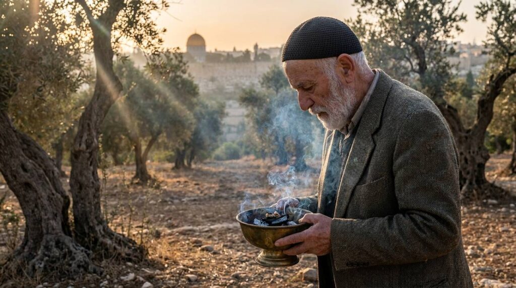 Elderly Jewish man praying with incense in an olive grove.