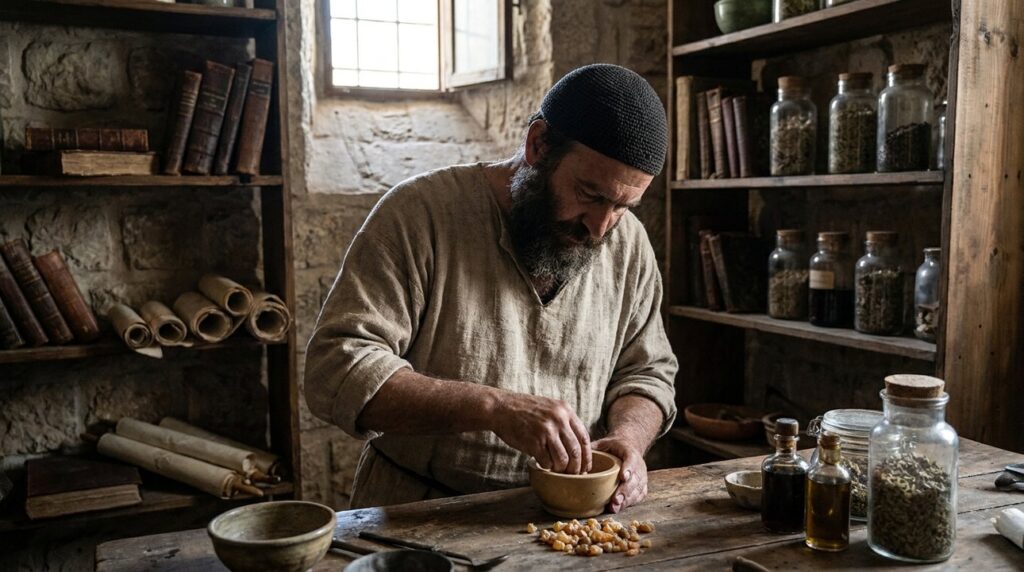 Healer in traditional head covering preparing salve in ancient apothecary.