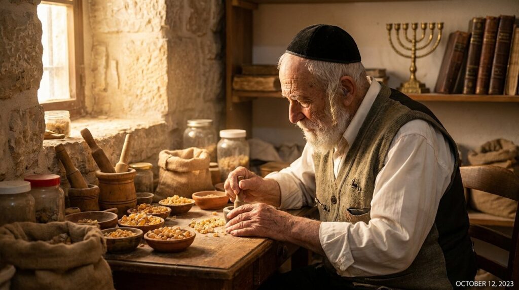 Elderly man in kippah preparing frankincense in rustic Jerusalem workshop.