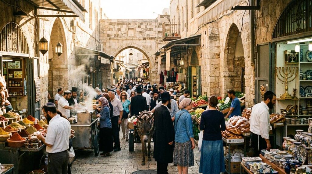 Jerusalem street market with people, stalls, menorah, and lanterns during sunset.