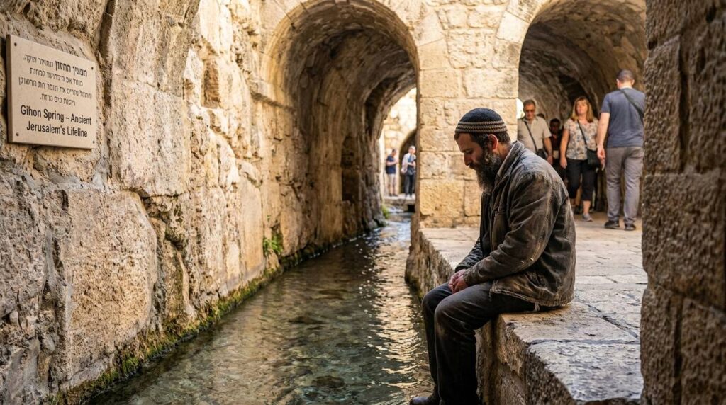 Gihon Spring in Jerusalem with local wearing a kipa reflecting.