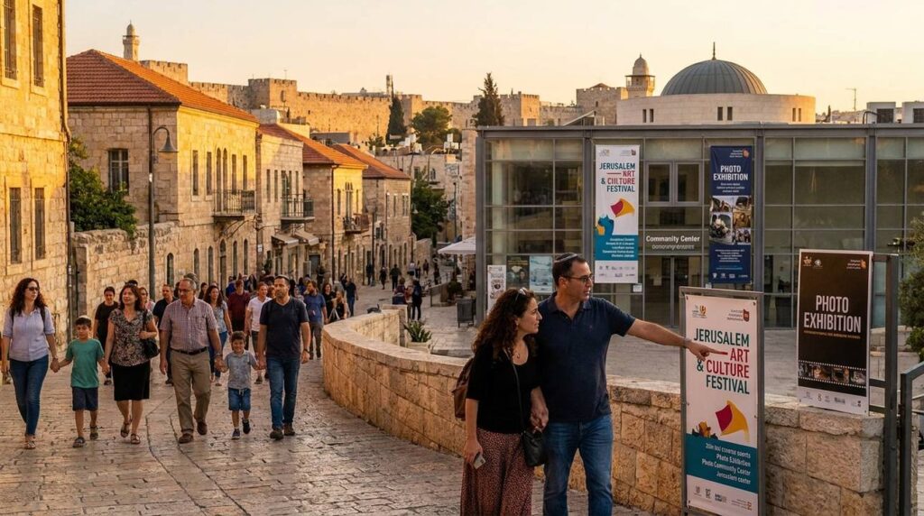 Visitors walk through Mishkenot Sha'ananim under golden evening light, exploring cultural signs.