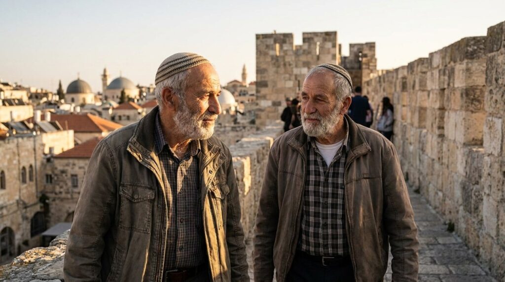 Elderly man in kippah walking by Jerusalem's ancient stone walls.