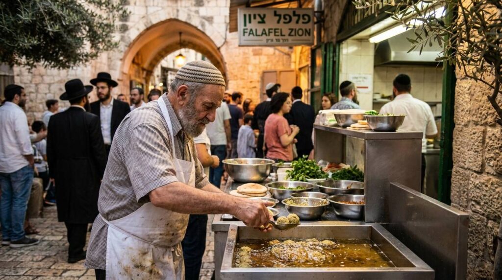 Elderly Jewish man in Jerusalem making falafel at a street stall.