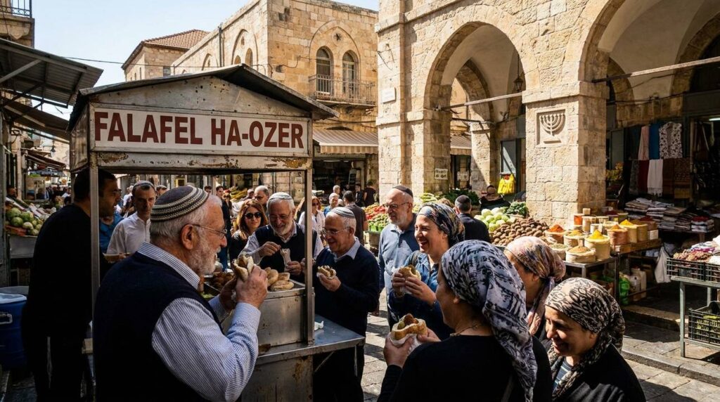 Diverse group eating falafel at a Jerusalem market stall.