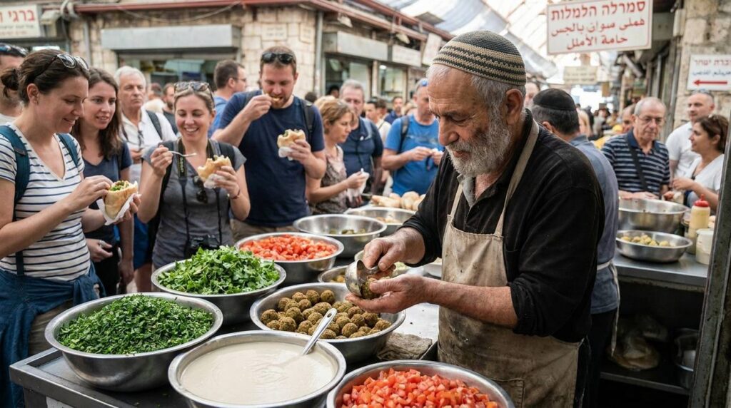 Elderly Jewish man making falafel at a busy Jerusalem market.
