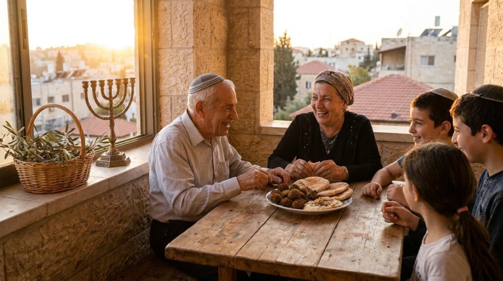 Family in Israel eating falafel at table with menorah and olive branches.