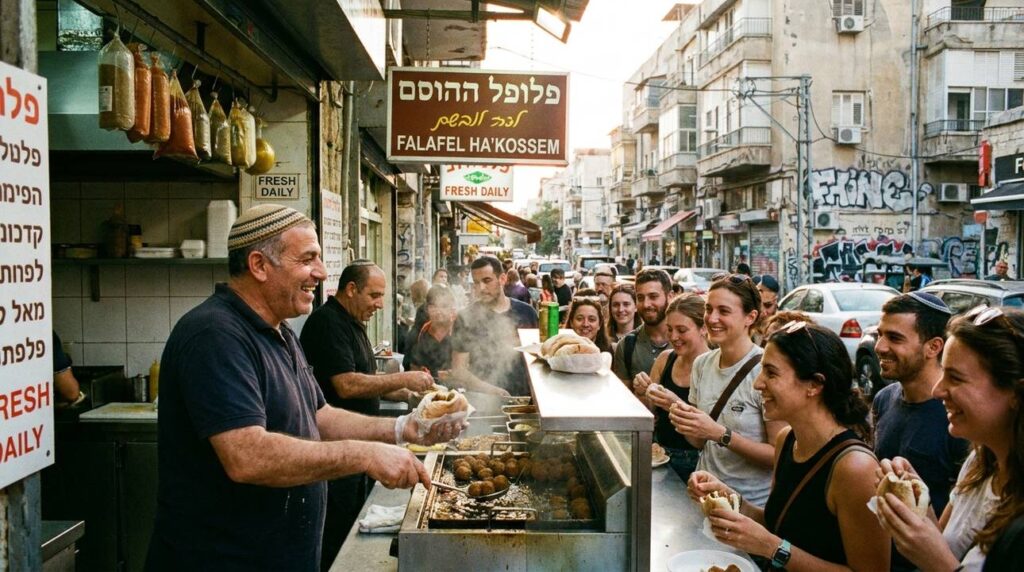 Vendor prepares falafel at busy Tel Aviv stand during evening.