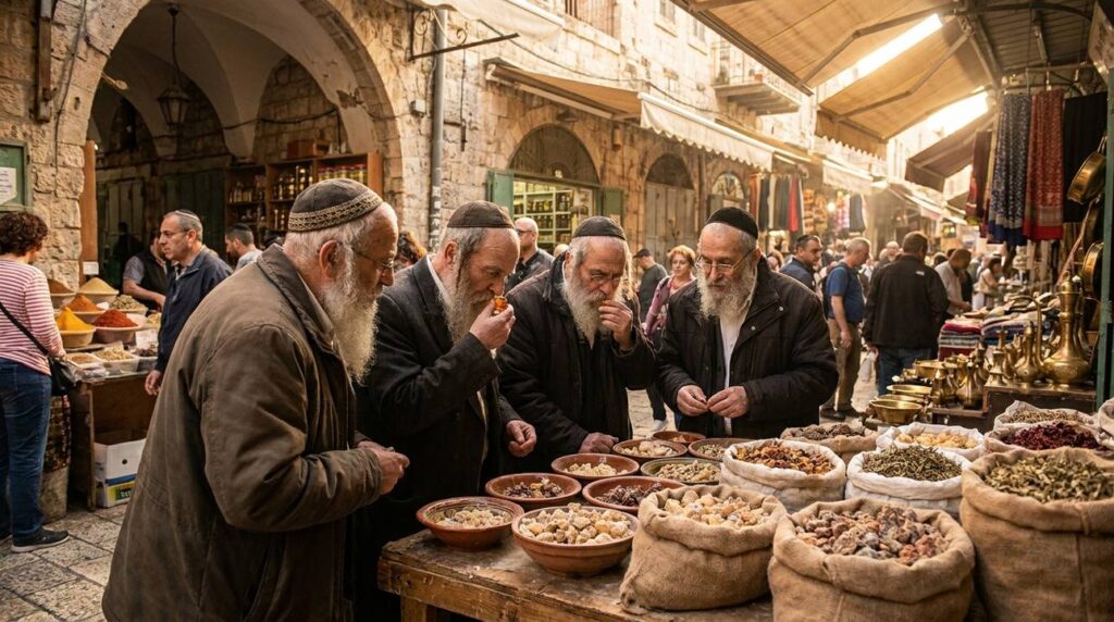 Elderly Jewish men discussing frankincense and myrrh at Jerusalem market.
