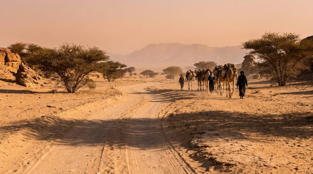 Desert path with camel caravan and traders in early morning light.