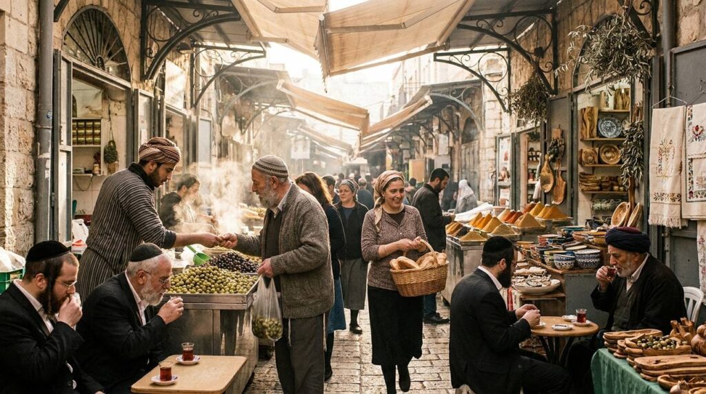 Early morning in Jerusalem market with people wearing traditional headwear.