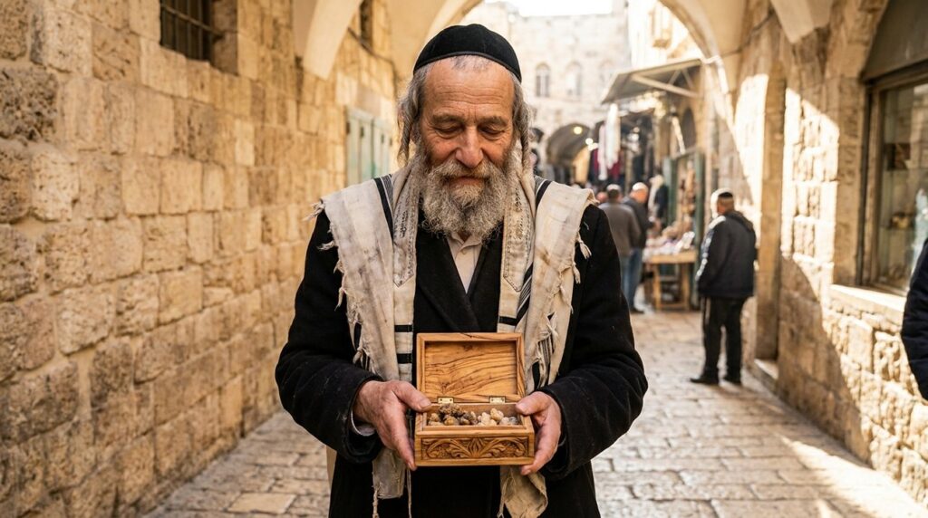 Elderly Jewish man in kippah, praying with box in Jerusalem alley.