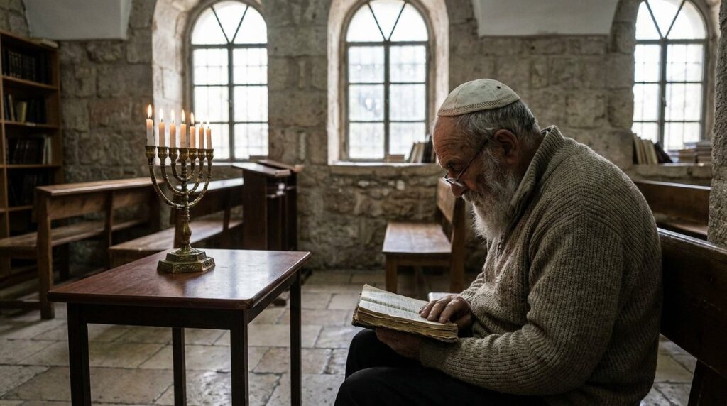 Elderly Jewish man reading a prayer book in tranquil room.