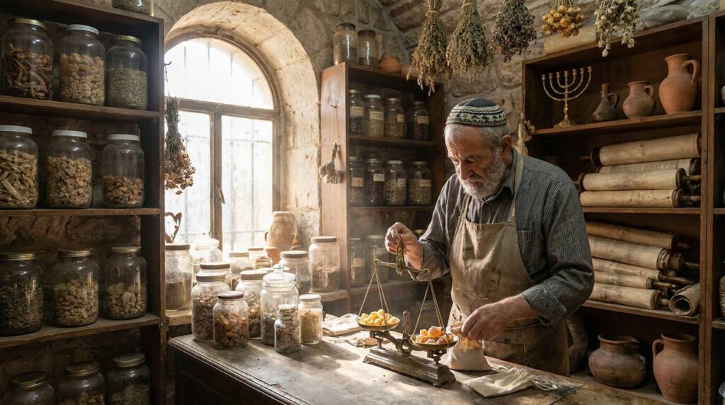 Elderly shopkeeper measures resins in traditional Jerusalem herbal shop.