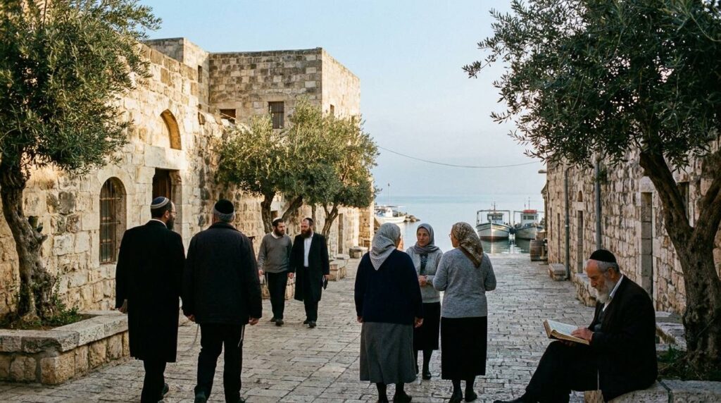 Morning light over Capernaum, residents in traditional attire among olive trees.