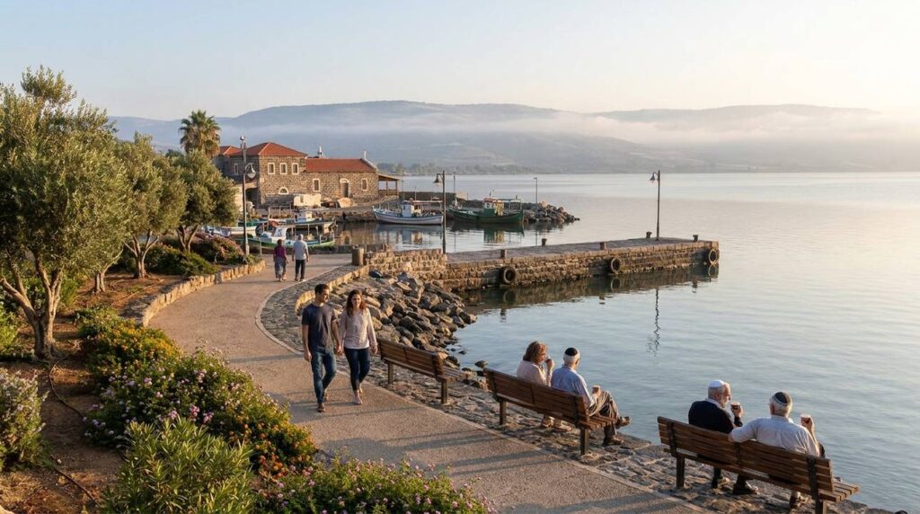Panoramic view of Capernaum, family by tranquil Sea of Galilee.