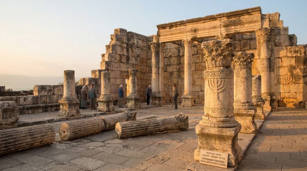 Sunset illuminating Capernaum's synagogue with decorated stone structures and pillars.