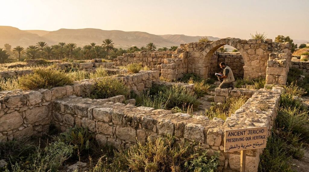 Dawn light on ancient ruins and flora in Jericho.
