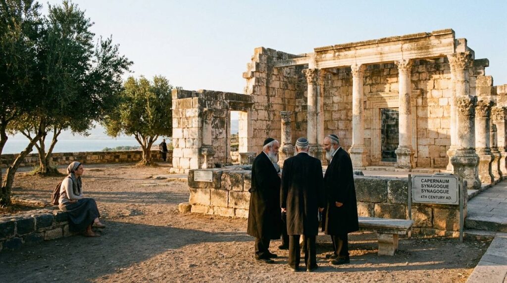 Ancient synagogue in Capernaum during golden hour with locals wearing kipas.