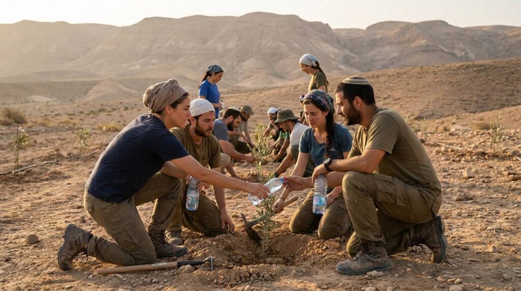 Group of Israelis in traditional and casual wear working in desert.