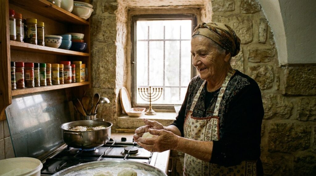 Elderly Jewish woman prepares Sufganiyot in a traditional Jerusalem kitchen.
