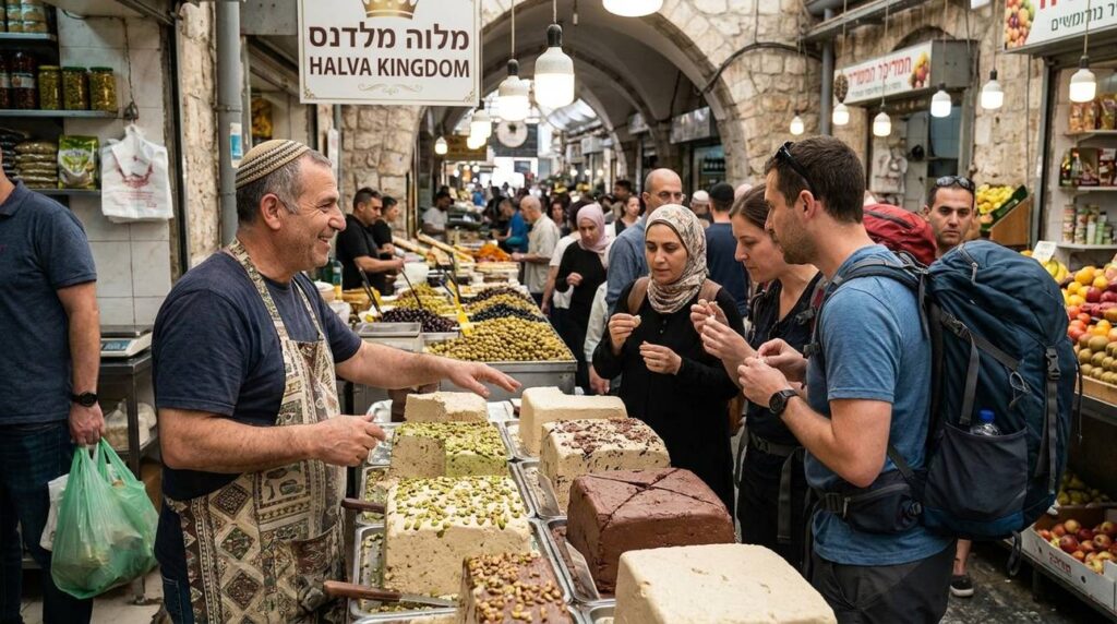 Vendor in kippah sells halvah at bustling Mahane Yehuda Market.
