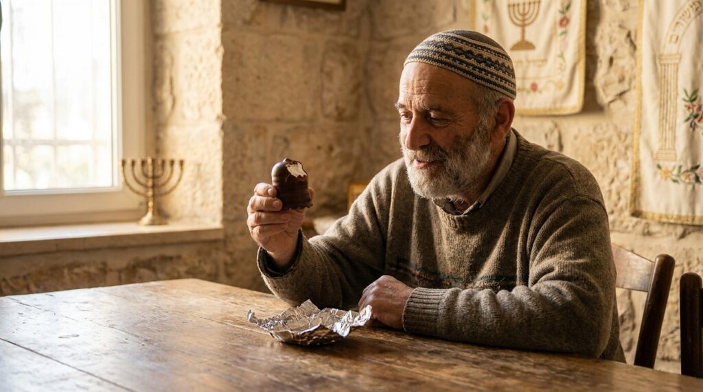 Elderly Israeli man in kippah holding a Krembo at home in Jerusalem.