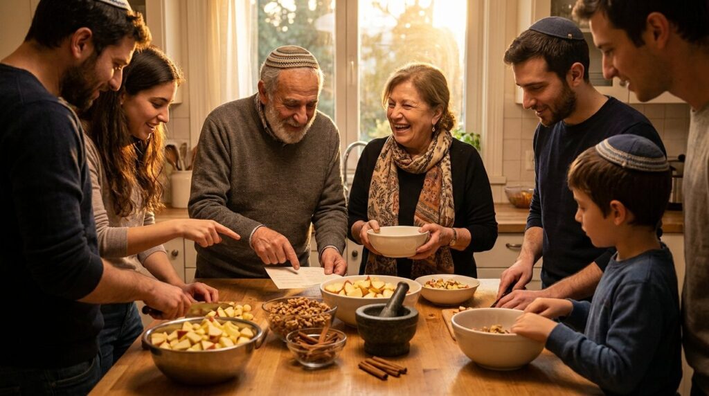 Jewish family preparing haroset in kitchen during Passover Seder.