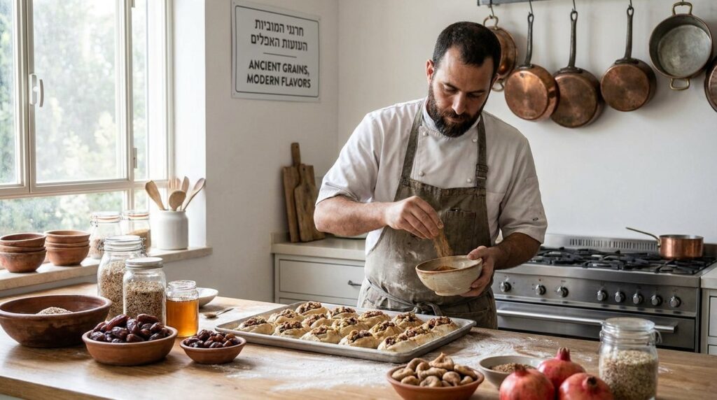 Israeli pastry chef prepares desserts with dates, figs, and pomegranates.