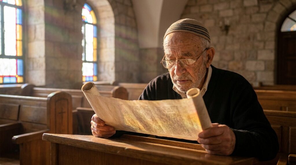 Elderly Jewish man reading ancient scroll in dimly lit synagogue.
