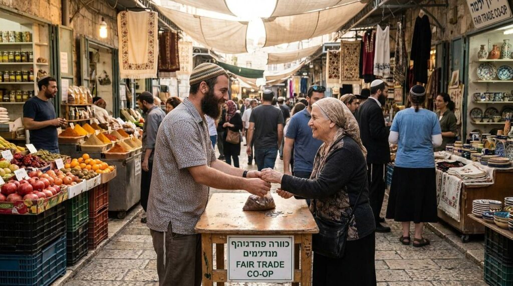 Vendors and customers trading goods in a Jerusalem marketplace.