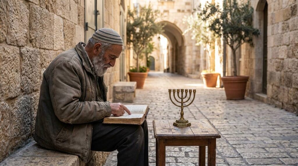 Elderly man reading sacred text by menorah in Jerusalem alley.