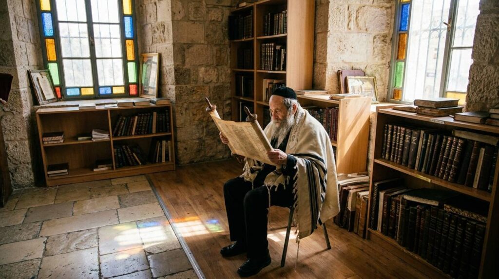 Elderly Jewish man reading ancient scroll in Jerusalem synagogue.