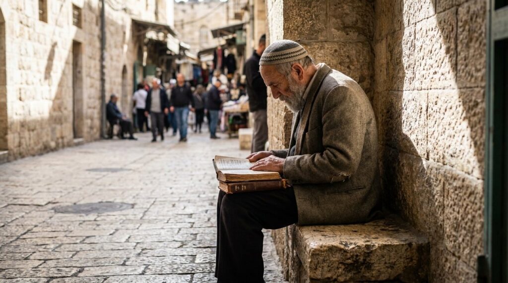 Elderly Jewish man in kipa reading a book on stone bench.