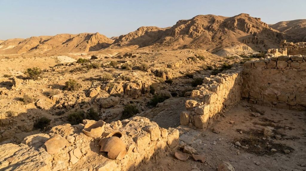 Ancient Judean desert landscape at dawn with ruins and rugged hills.