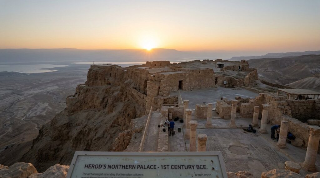 Sunrise over Masada ruins with clear sky and long shadows.