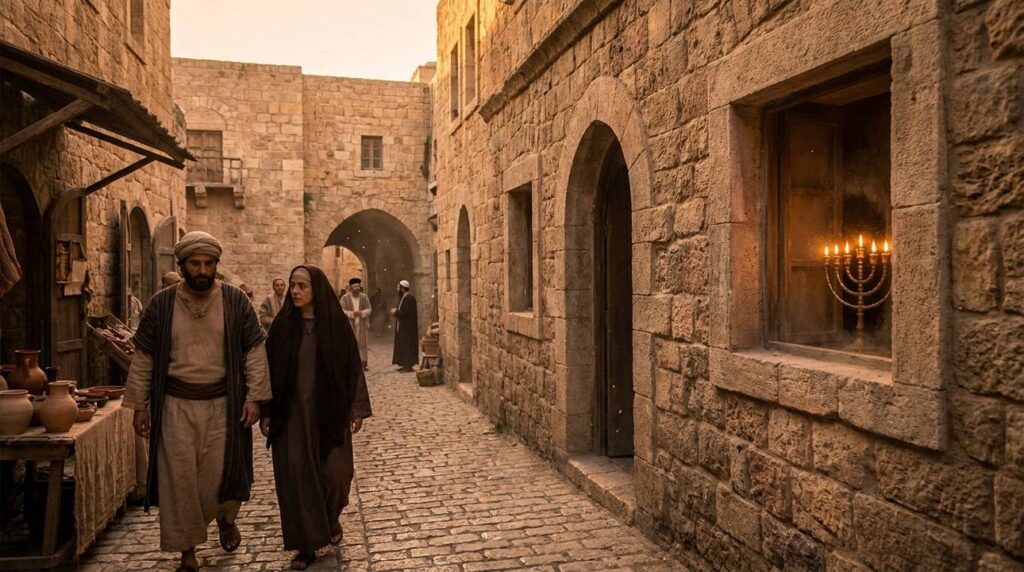 Narrow cobblestone street in Jerusalem with stone houses and menorah.
