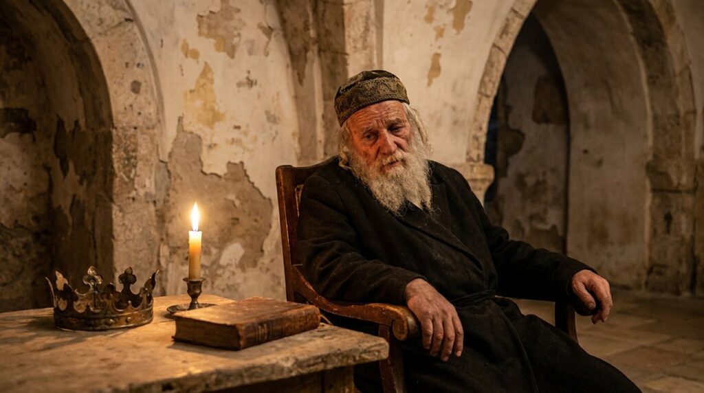 Elderly man resembling King Herod sits alone in stone room.