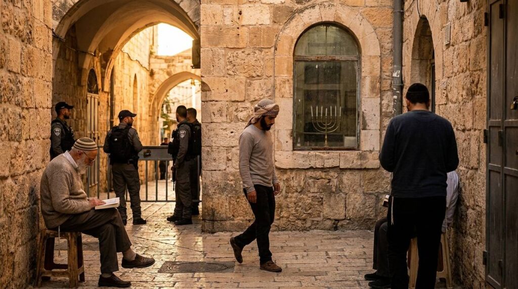 Golden evening light illuminates Jerusalem street with menorah in window, people in traditional head coverings engaged in quiet activities.