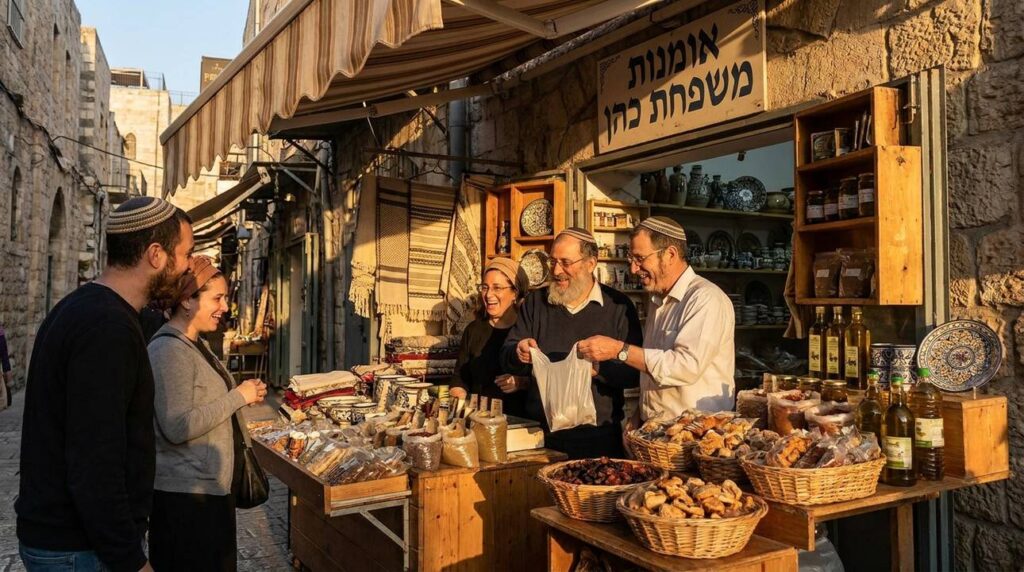 Jewish family sells artisan crafts and foods at Jerusalem market stall.