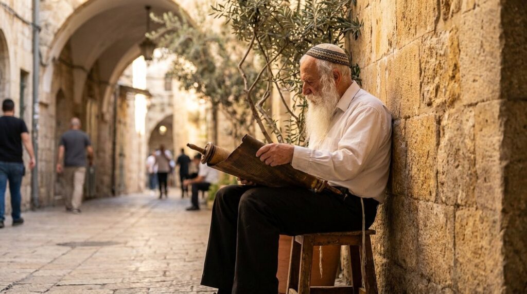 Elderly man in kippah reads scroll by Jerusalem's stone walls.