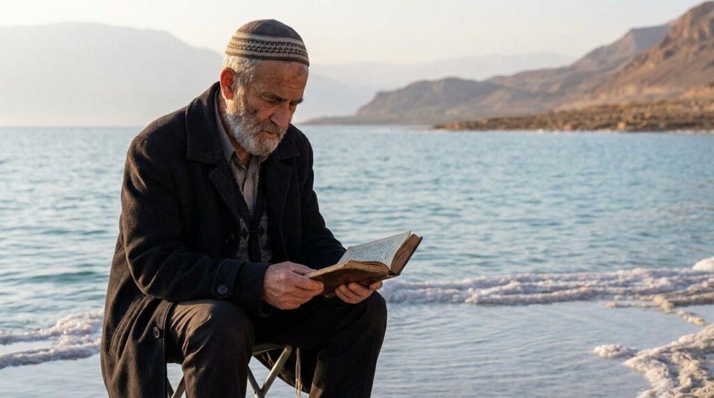 Elderly man in traditional Jewish attire reading by Dead Sea.